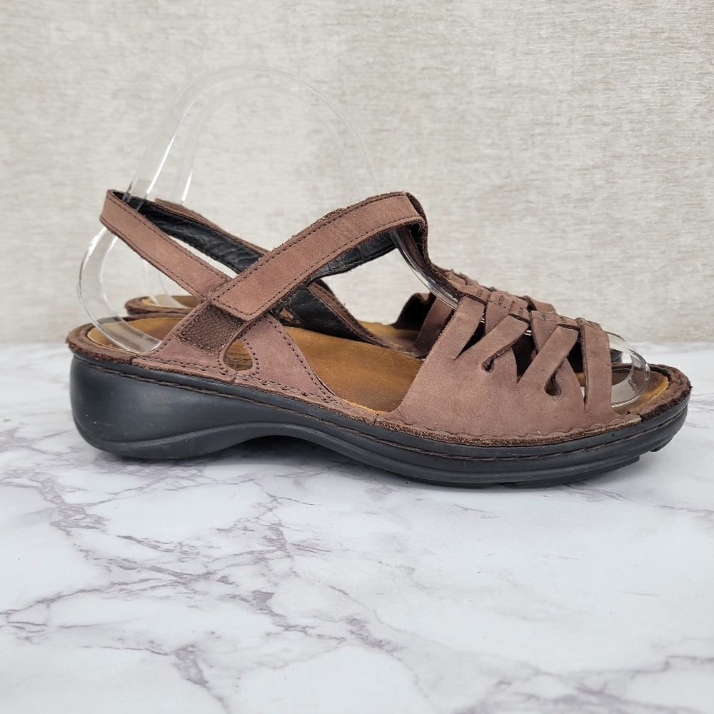 NAOT Brown Suede Woven Slingback Sandals Cork Insole Women's Euro 38